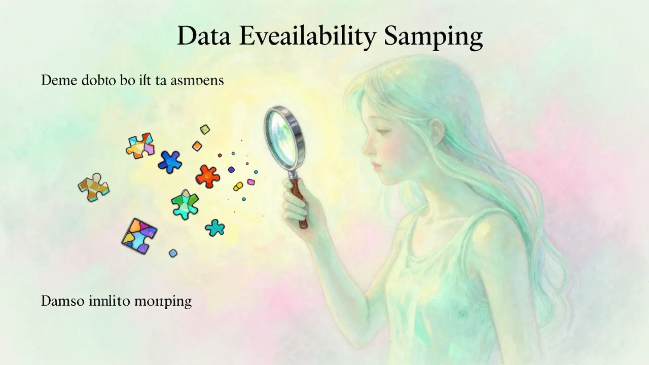 Soft pastel art of a spirit inspecting floating data fragments to verify availability.