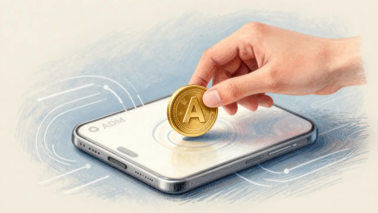 Soft pastel art showing a golden crypto token being placed into a digital wallet