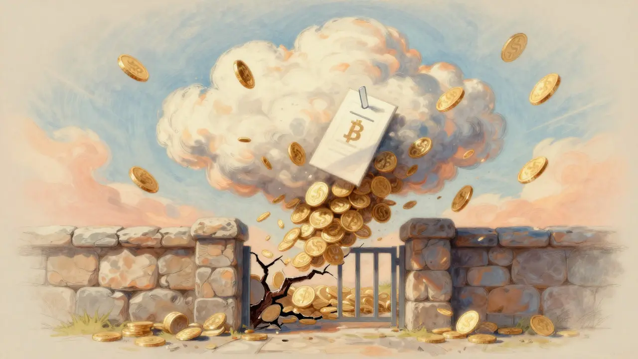 Soft pastel art showing swirling gold coins forcing a vote through a gate.