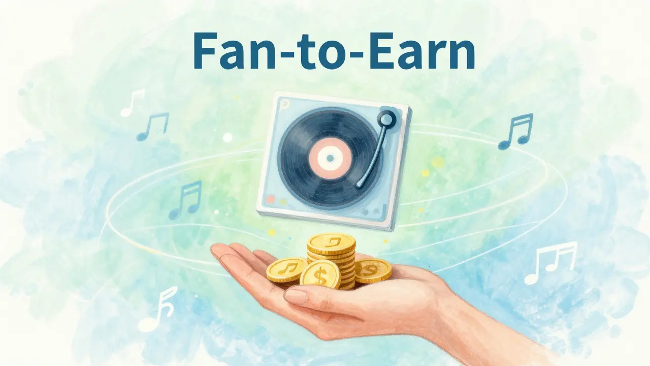 Soft pastel illustration of music albums exchanging value for golden coins
