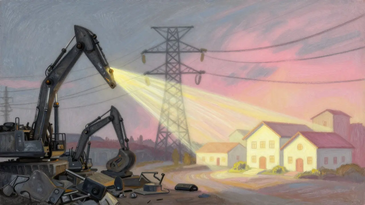 Symbolic pastel art showing energy redirected from mines to homes