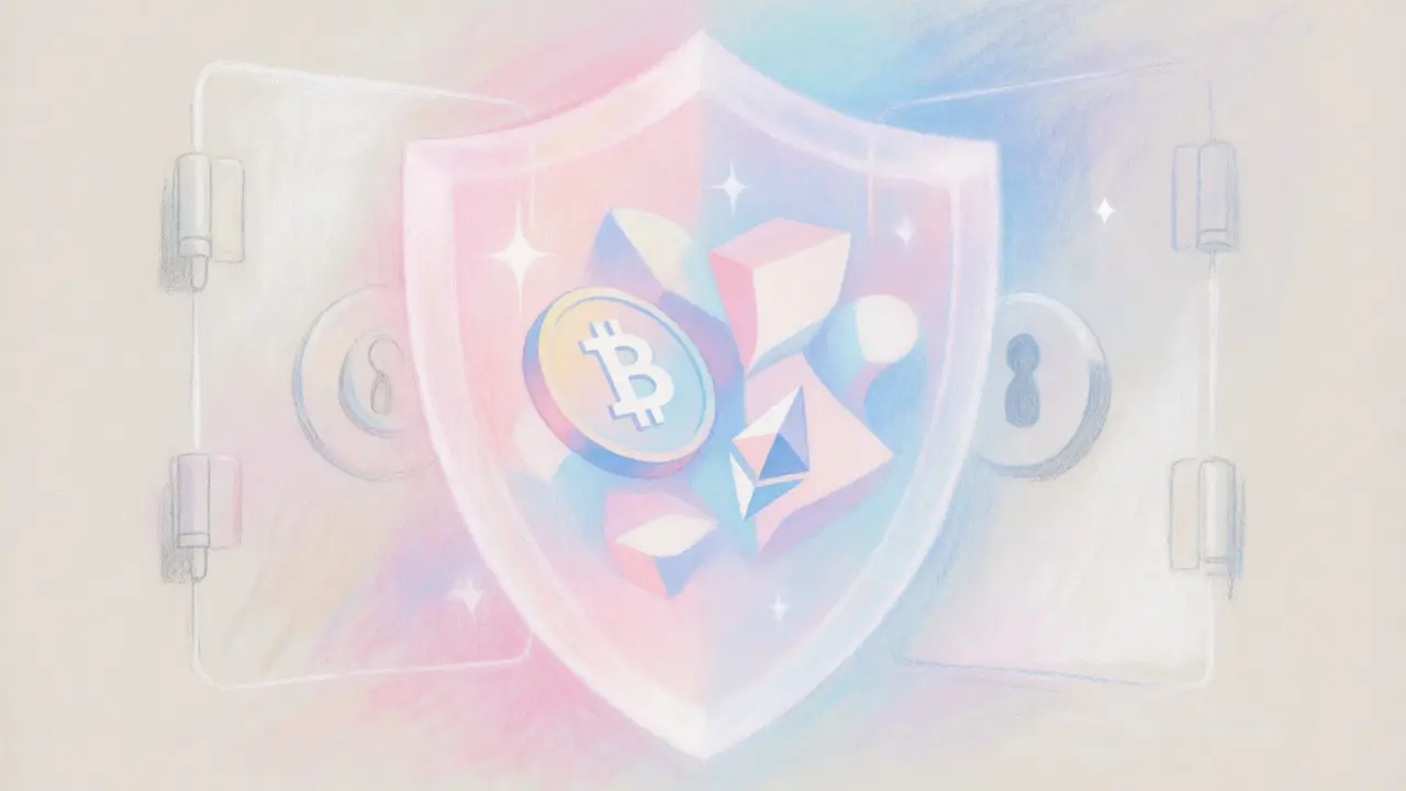 Abstract pastel art of a protective shield guarding stylized cryptocurrency symbols.