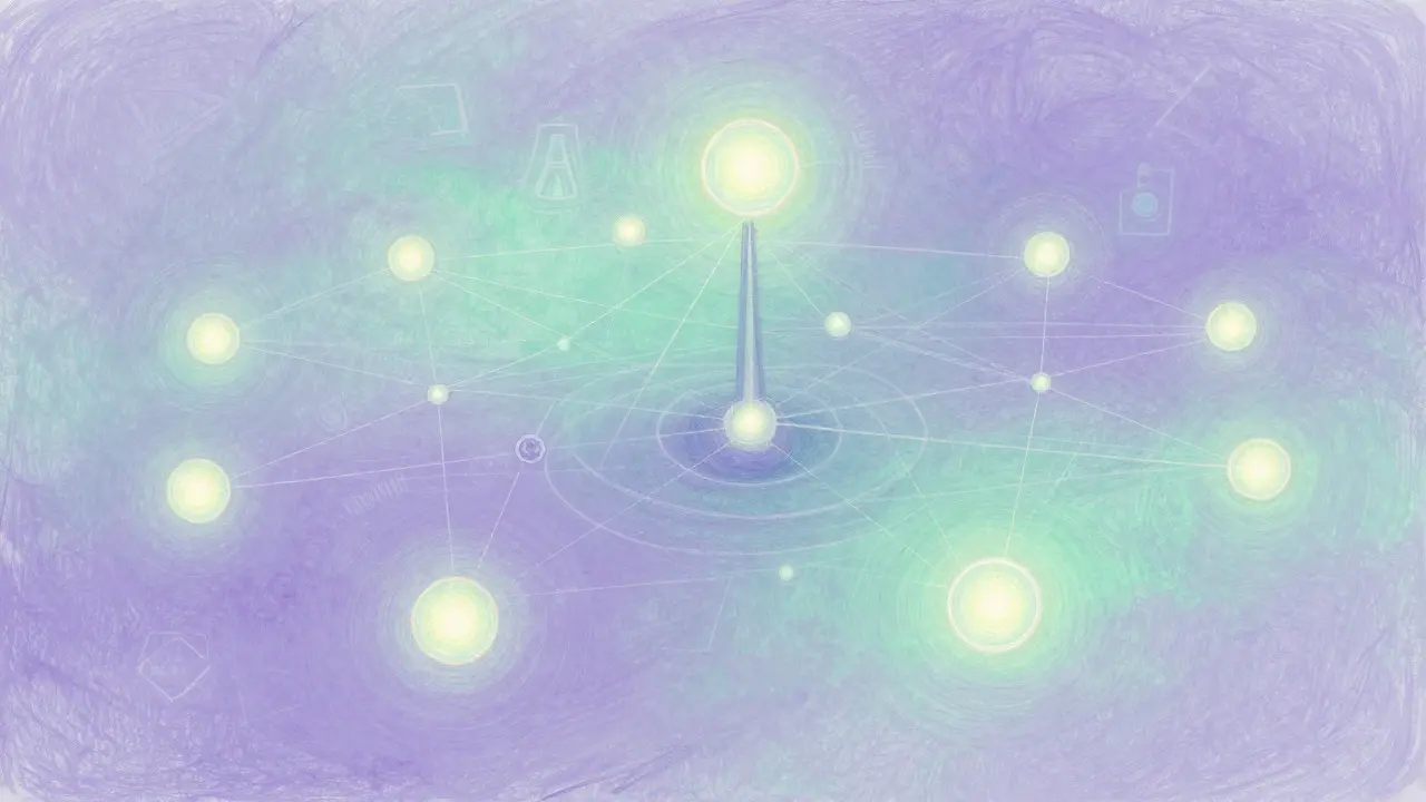 Abstract pastel illustration of a decentralized cloud network with connected nodes