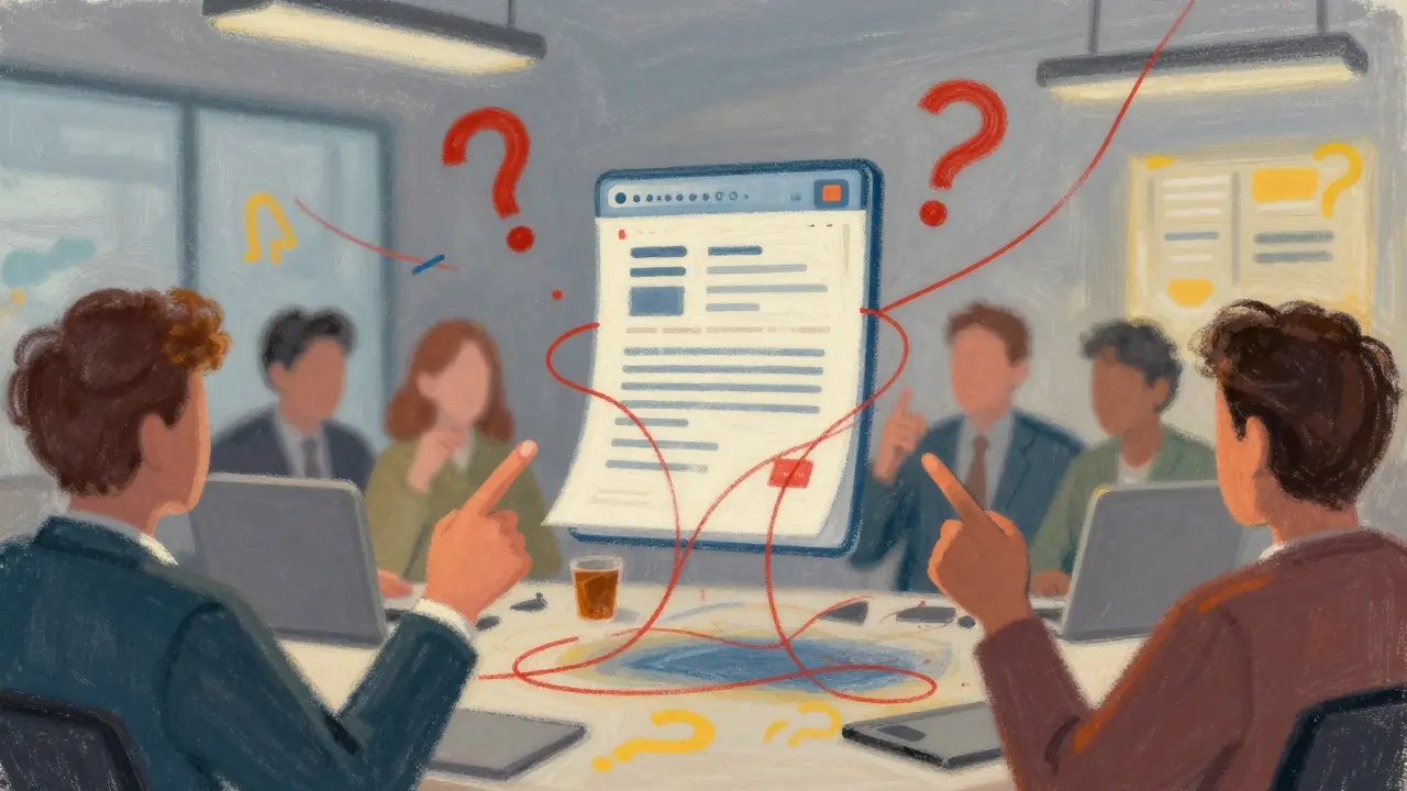 Chaotic office scene with finger-pointing and tangled threads