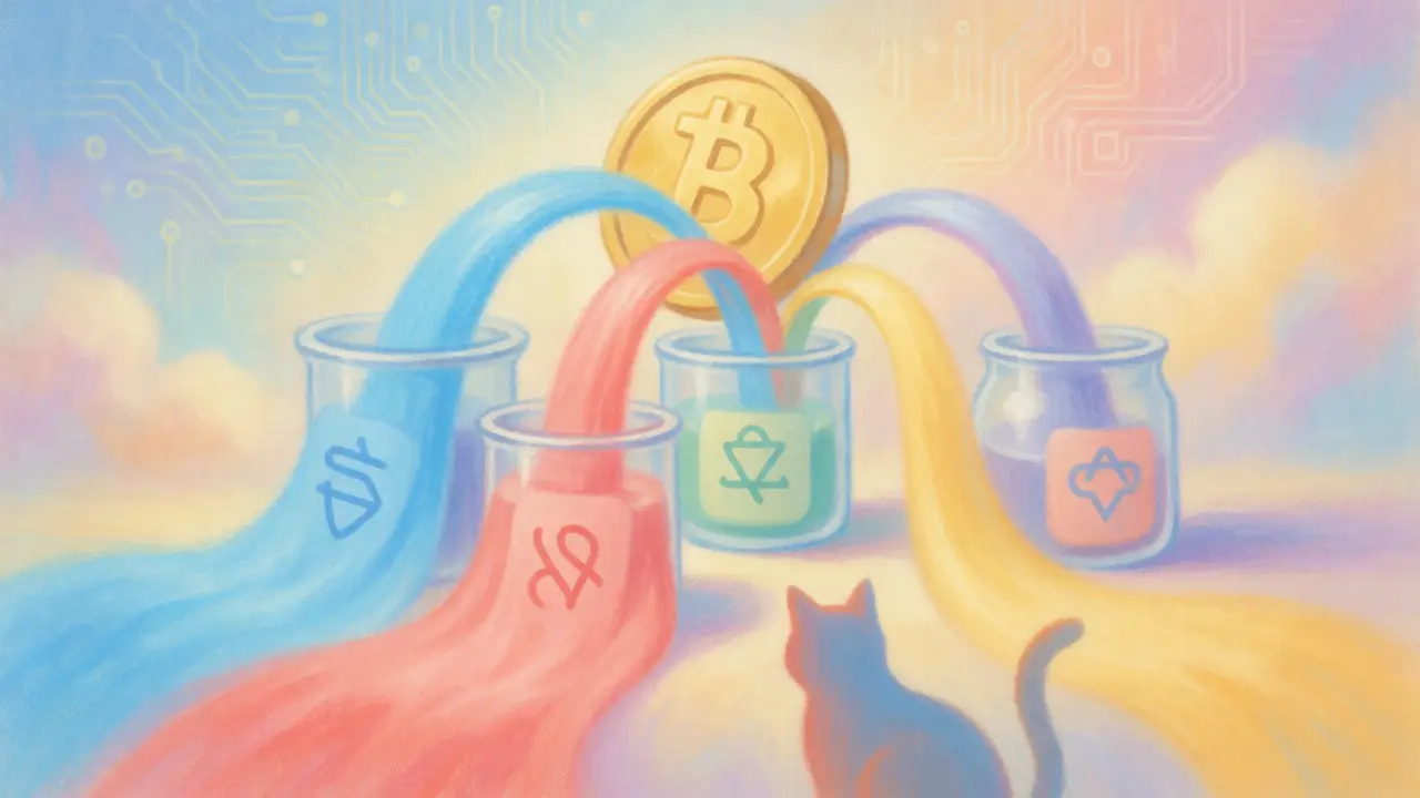 Conceptual pastel art of a coin splitting into multi-chain flows