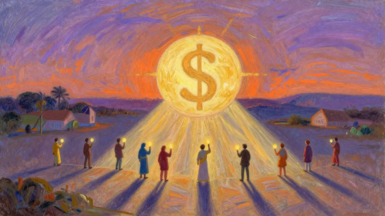Golden sun illuminating diverse global market figures