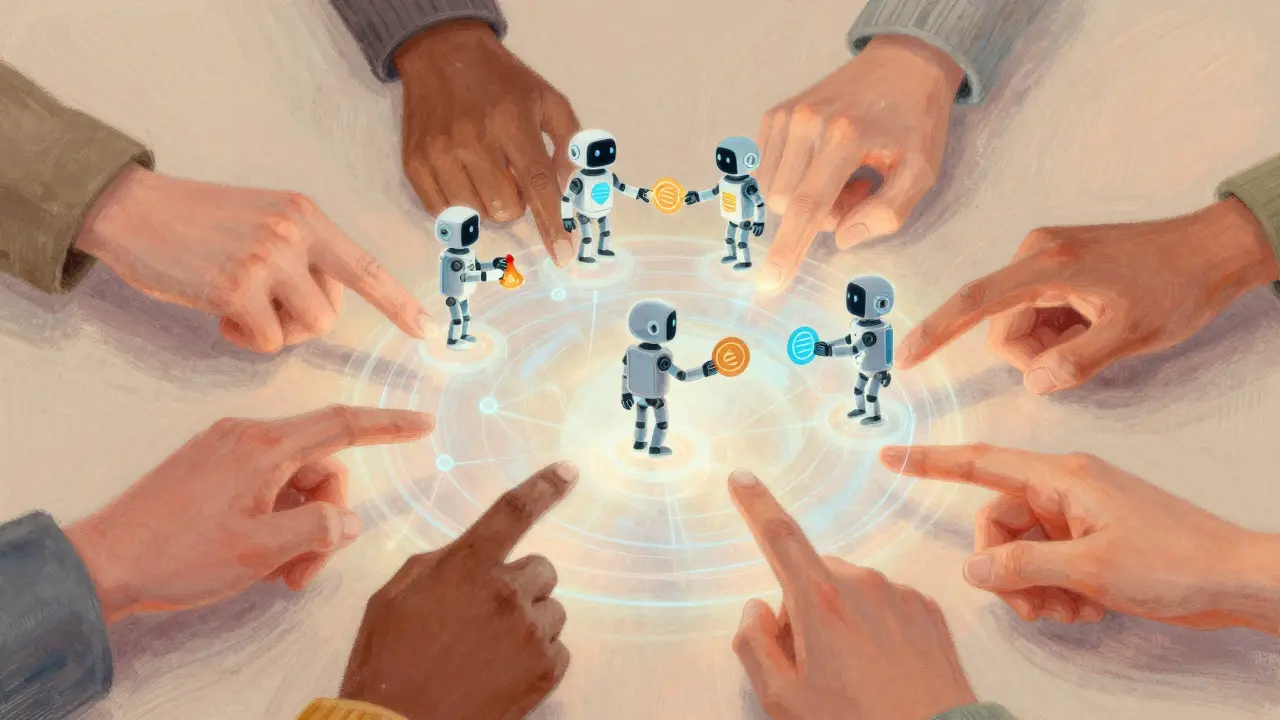 Hands interacting with a glowing interface representing AI and decentralized tech