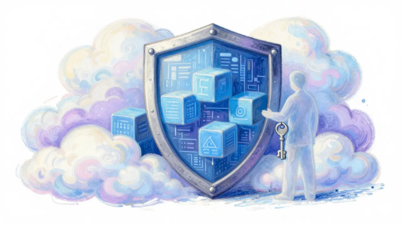 Pastel art depicting a protective cloud shield guarding digital asset blocks