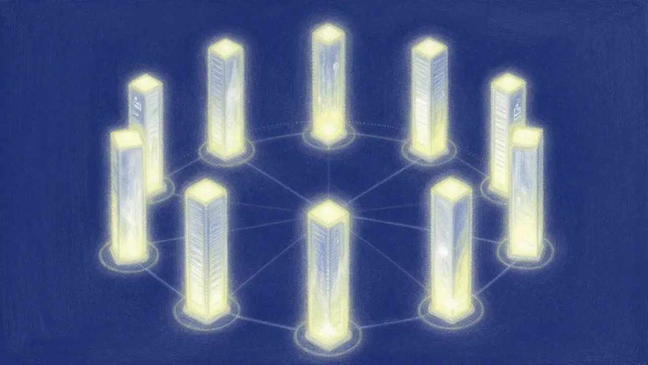 Pastel art of 53 glowing pillars connected by light lines in a circle