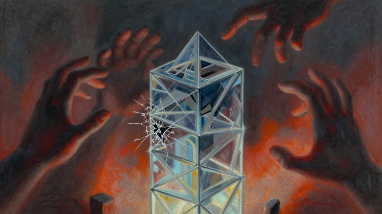 Pastel art of a cracking glass blockchain tower under pressure from shadowy hands