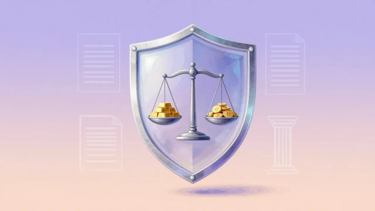 Pastel art of a crystal shield containing a balanced scale of gold and digital assets