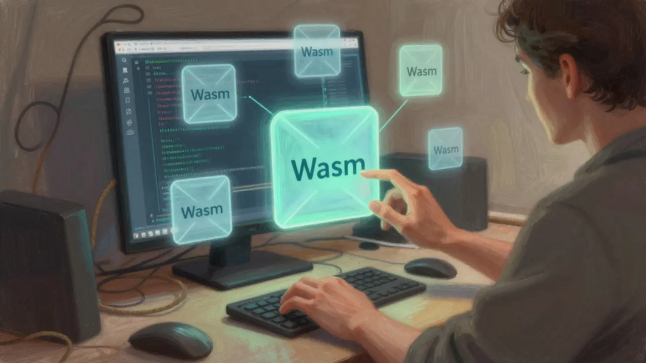 Pastel art of a developer organizing clean Wasm shapes vs tangled code