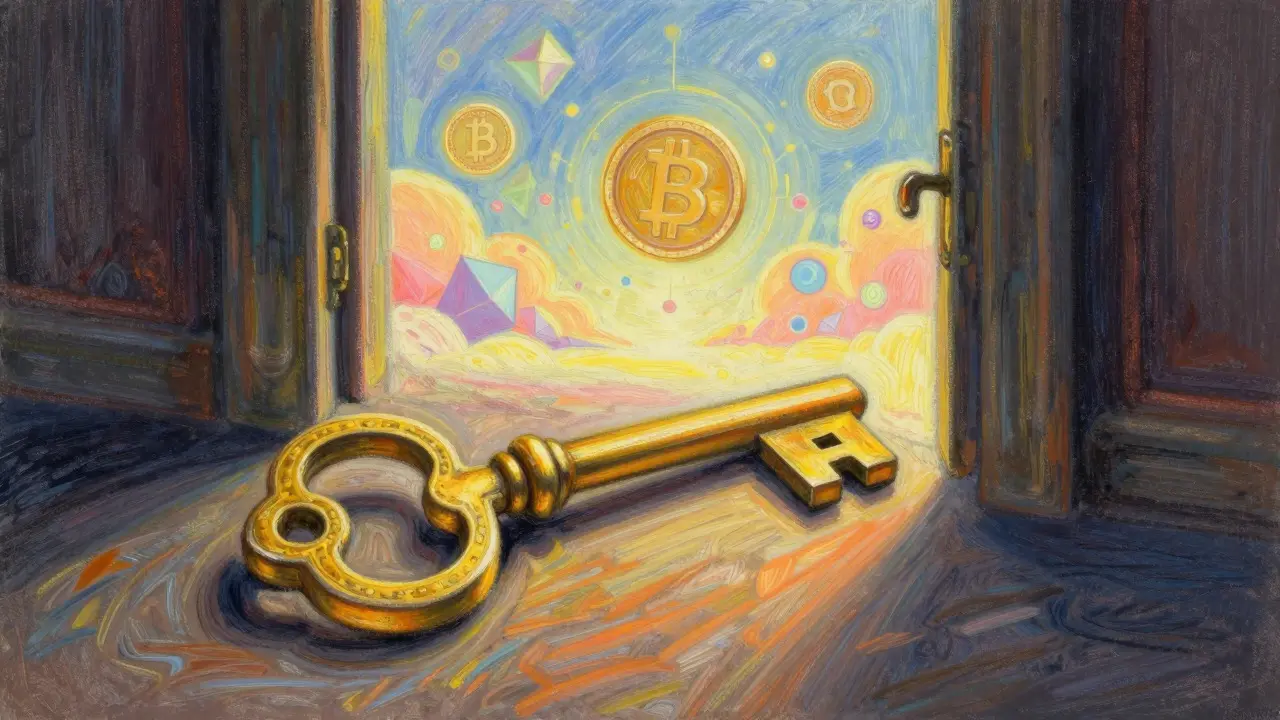 Pastel art of a golden key unlocking a gateway to crypto analytics tools.