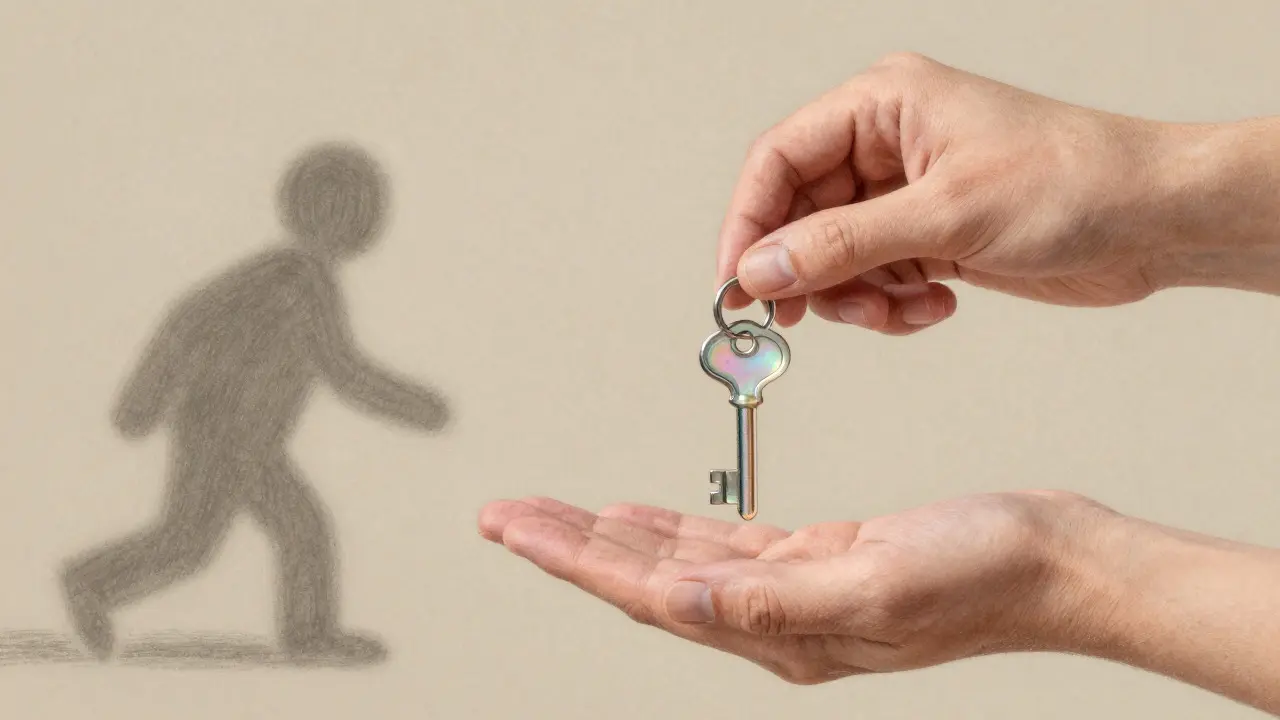 Pastel art of a hand holding a protective glass key