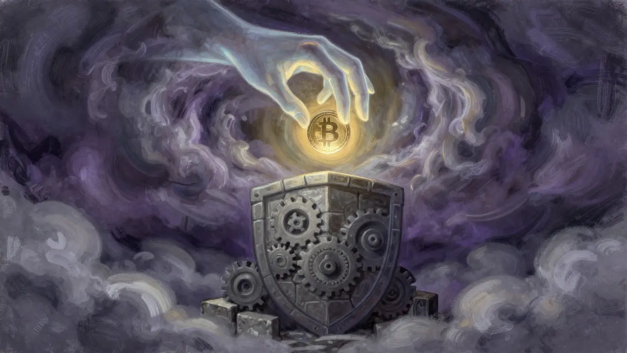 Pastel art of a hand reaching for a coin amidst a storm, protected by a gear shield