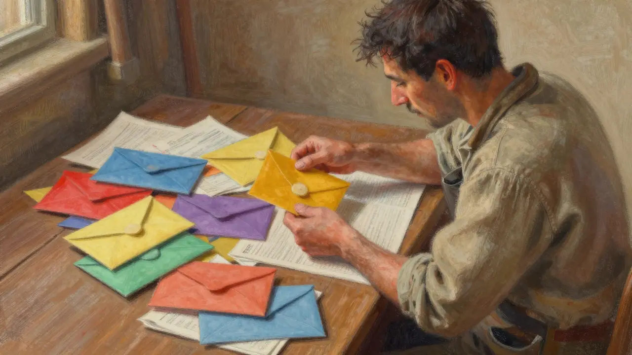 Pastel art of a miner sorting colorful envelopes representing crypto fees.