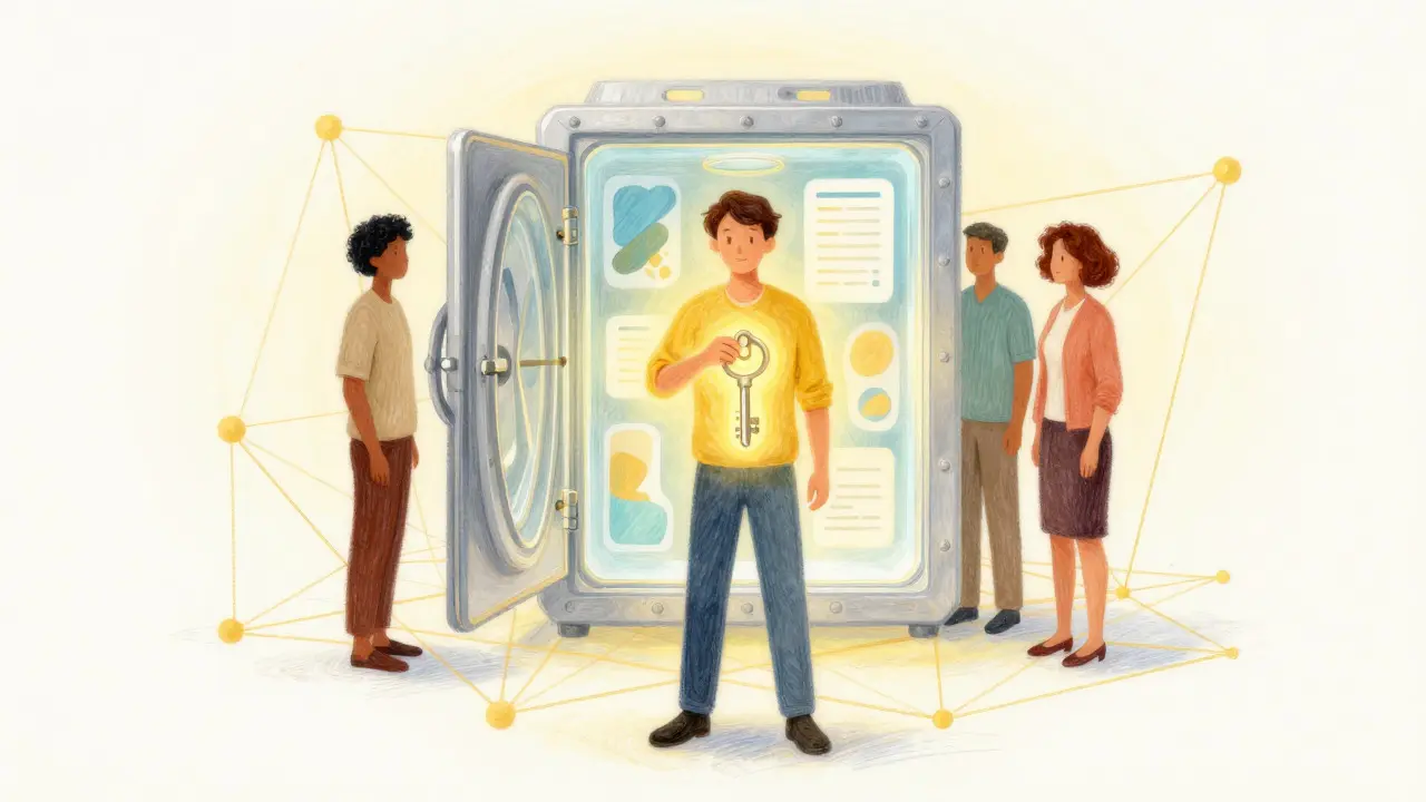 Pastel art of a patient holding a key to a blockchain-secured medical data vault.