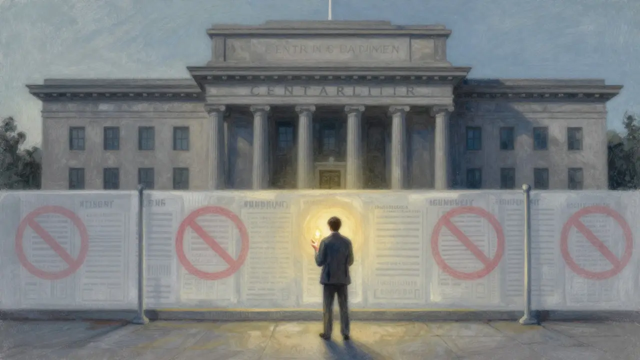 Pastel art of a person holding a glowing orb before a large stone bank building