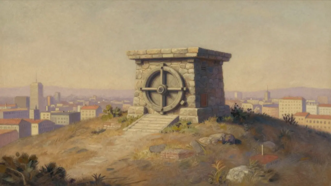 Pastel art of an isolated stone vault protecting data from distant city chaos