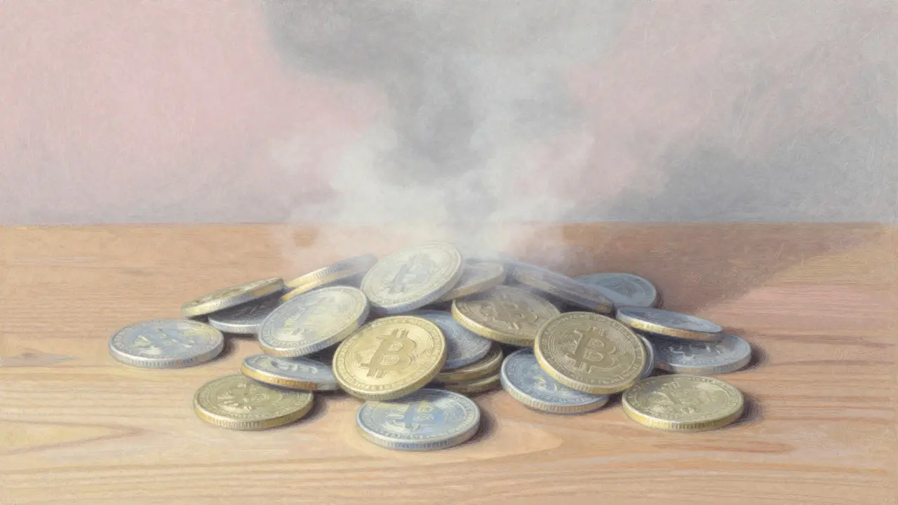 Pastel art of fading crypto coins with ominous shadow