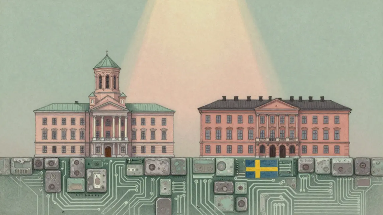 Pastel art of Georgian and Swedish buildings on a stable blockchain foundation