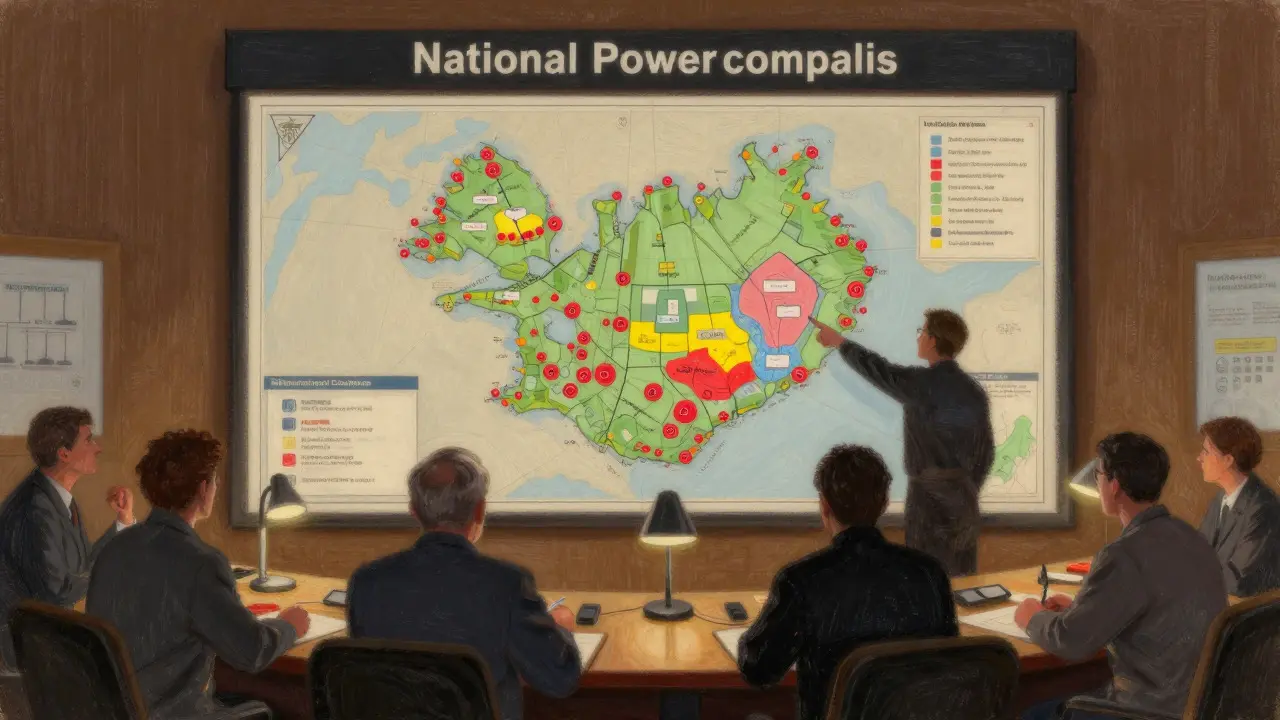 Pastel art of officials discussing power grid allocation on a map