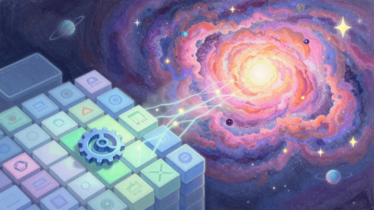 Pastel art showing a transition from structured grids to a vibrant nebula, symbolizing project evolution.