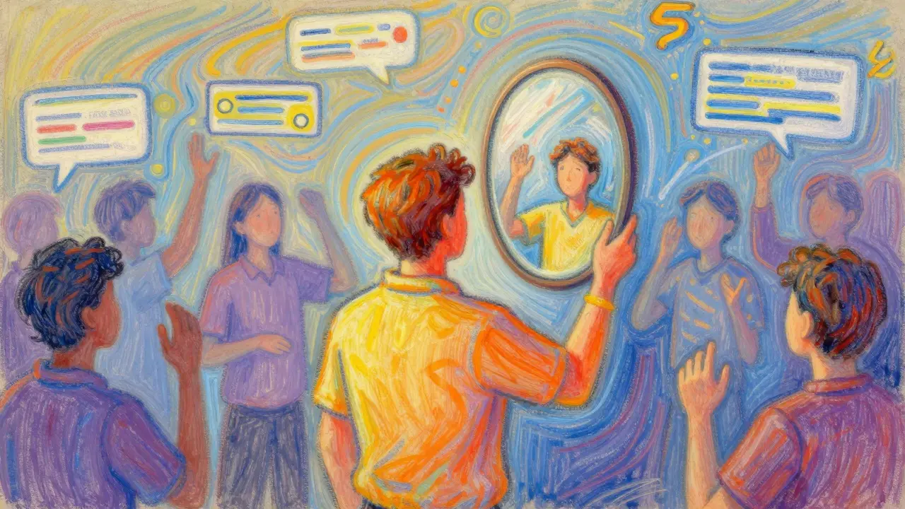 Pastel art showing copy trading with mirrors and figures