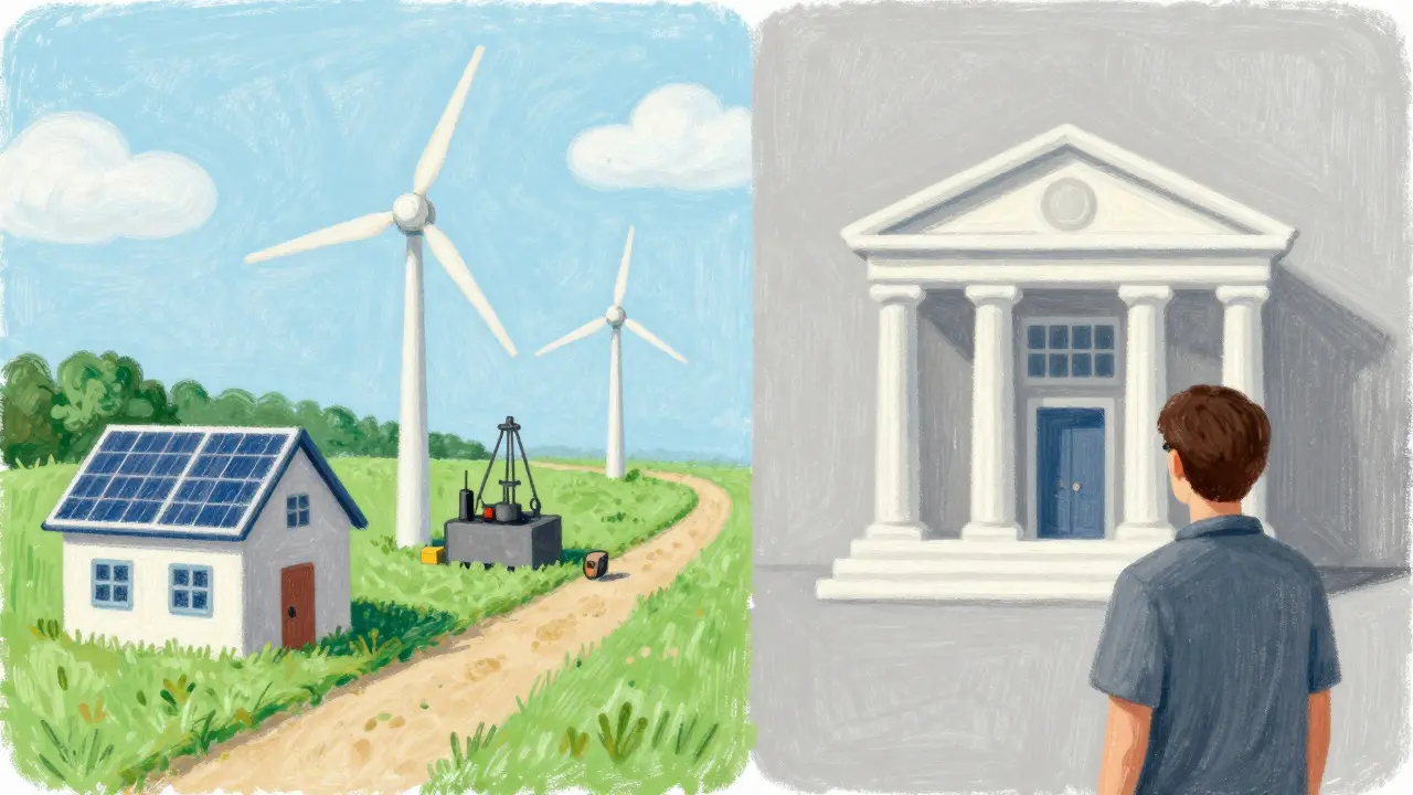 Pastel art showing solar-powered mining versus traditional banking options