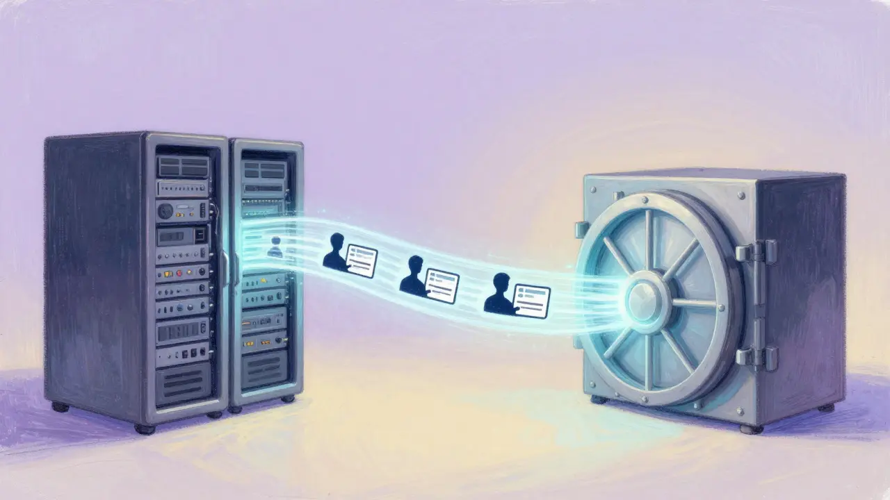Pastel art showing transparent data streams and user identities flowing through a system