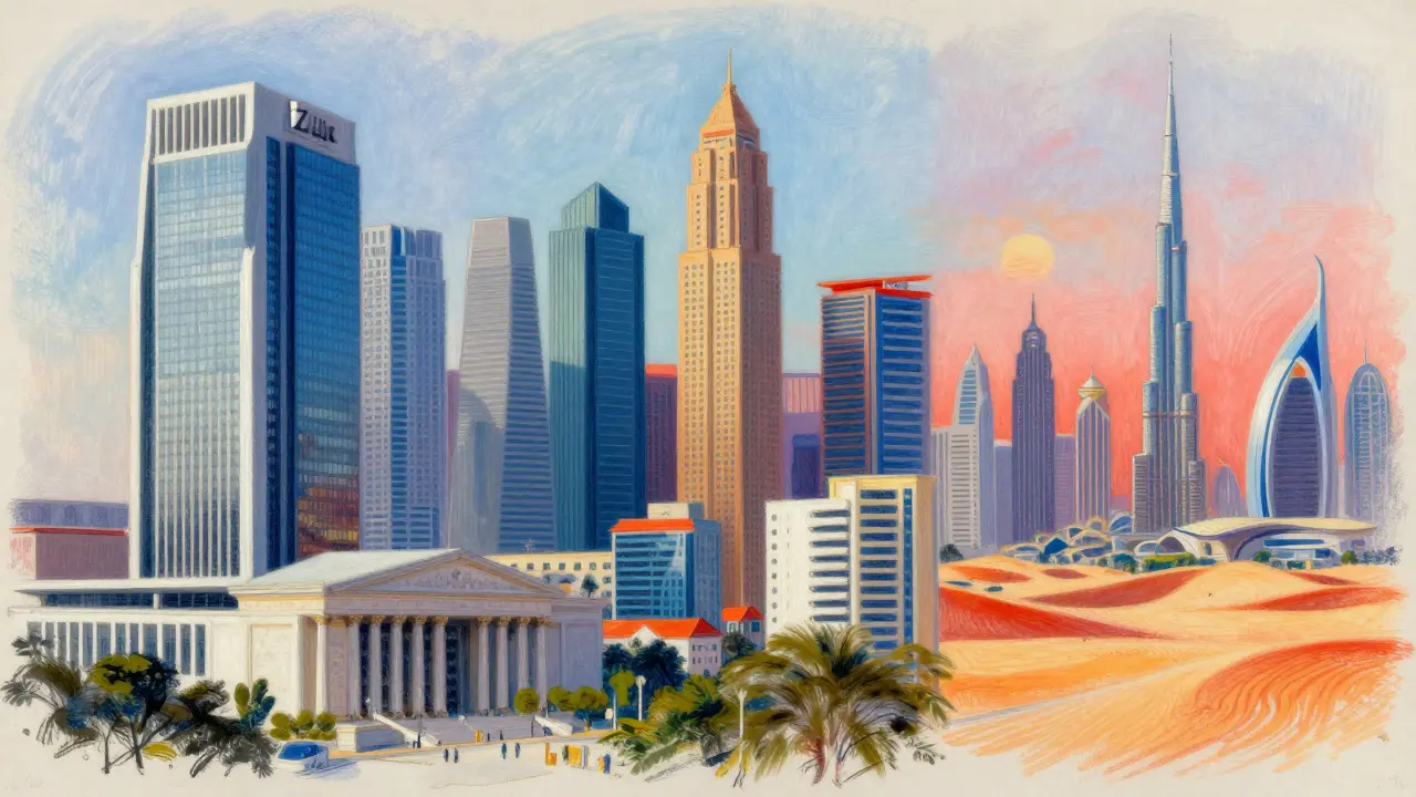 Pastel comparison of Zug, Singapore, and Dubai crypto hubs