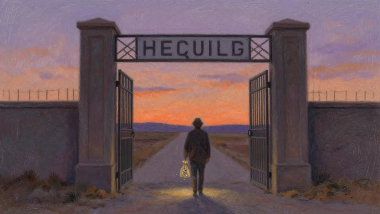 Pastel drawing of figure at closed gate with dusty tokens