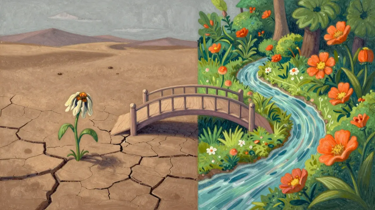 Pastel illustration contrasting a barren desert with a lush garden, separated by a cracked bridge