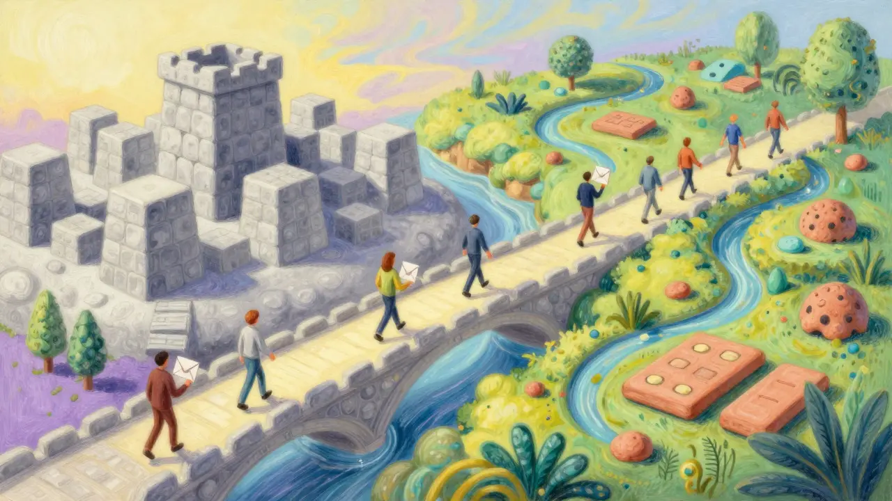 Pastel illustration of a bridge connecting rigid stone blocks to a flexible garden