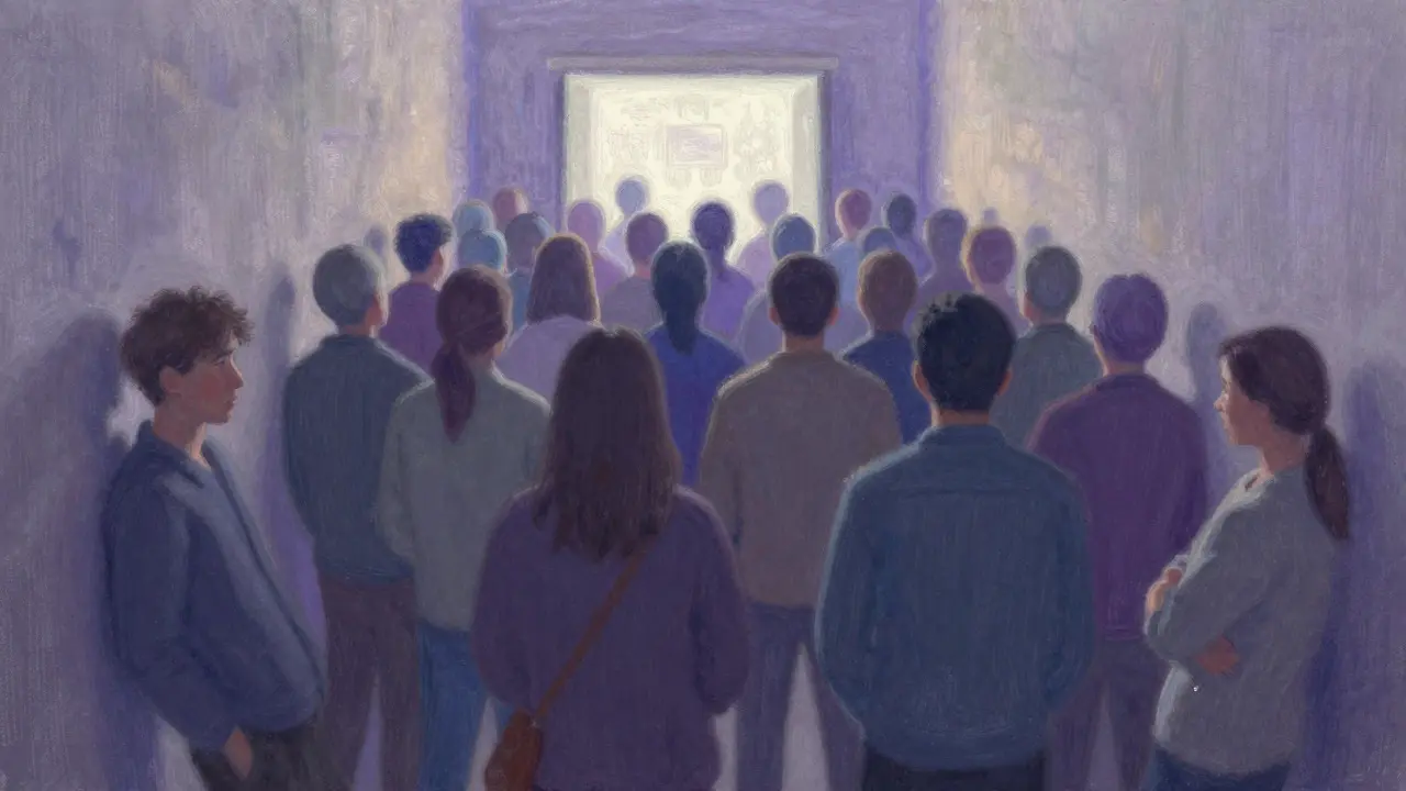 Pastel illustration of a crowded corridor showing network congestion.