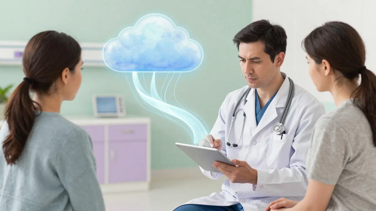 Pastel illustration of a doctor and patient sharing secure, transparent health records.