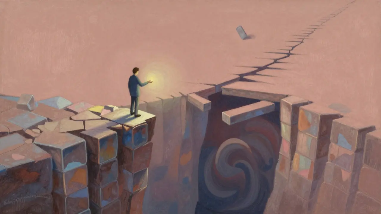 Pastel illustration of a figure on a crumbling cliff holding a fading glowing object