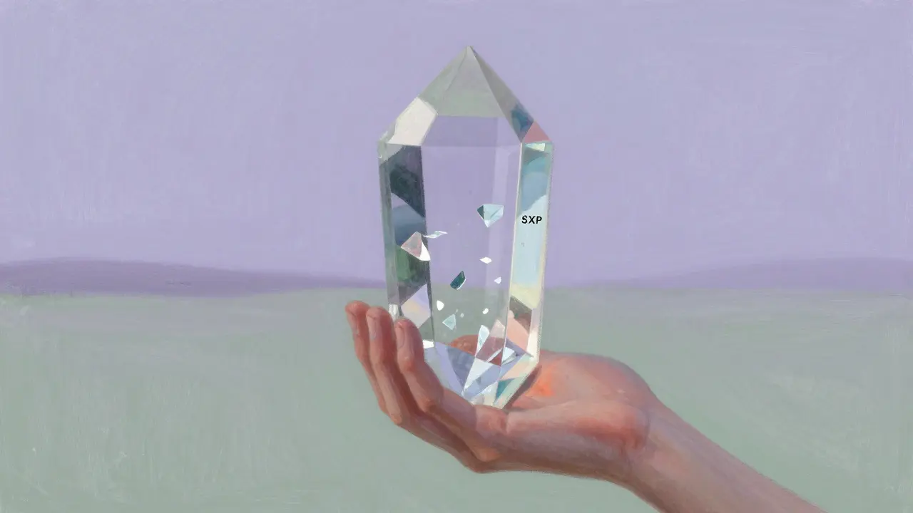 Pastel illustration of a person holding a fractured crystal token