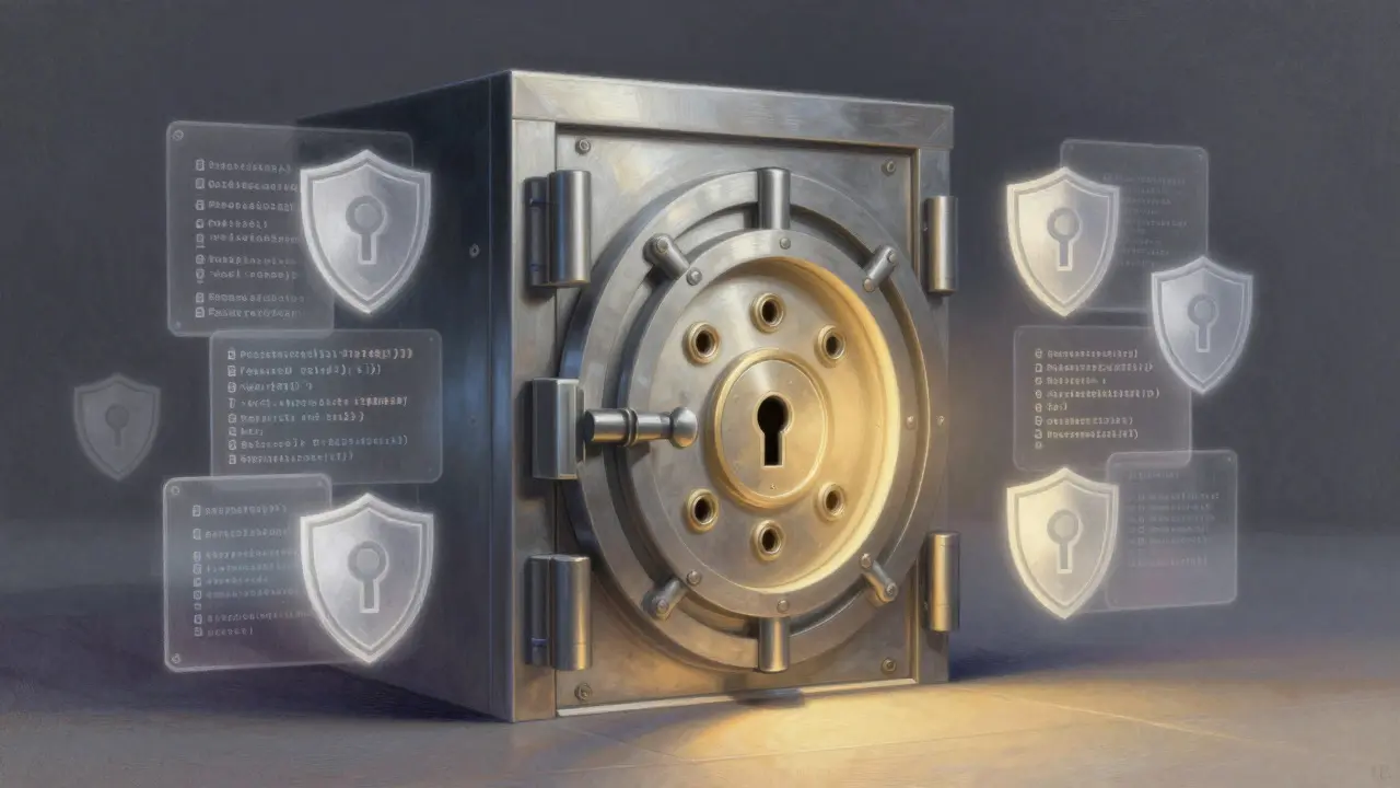 Pastel illustration of a secure crypto vault with keys