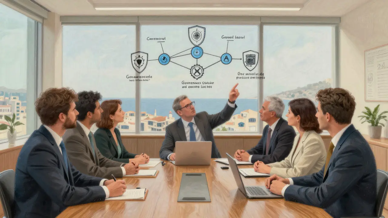 Pastel illustration of a serious boardroom meeting discussing crypto compliance in Cyprus