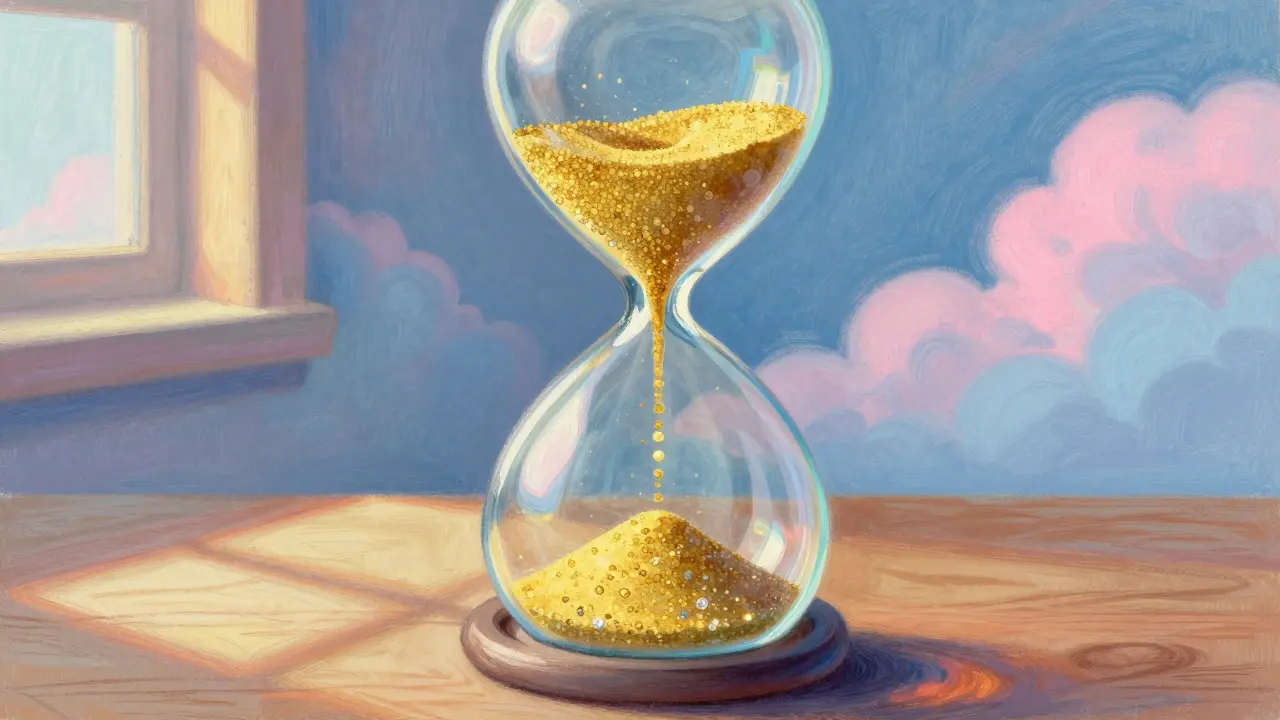 Pastel illustration of an hourglass with glowing tokens, representing fixed token supply and scarcity.