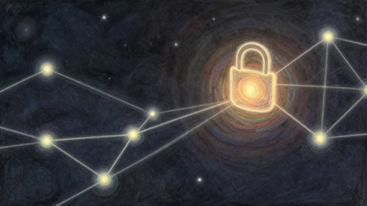 Pastel illustration of glowing network nodes detecting anomalies in darkness