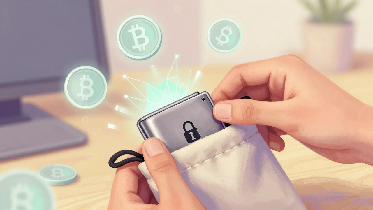 Pastel illustration of hands securing a hardware wallet in a pouch