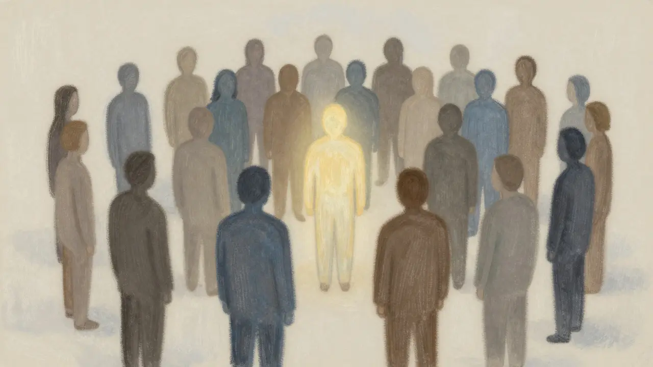 Pastel illustration of one person highlighted among a crowd