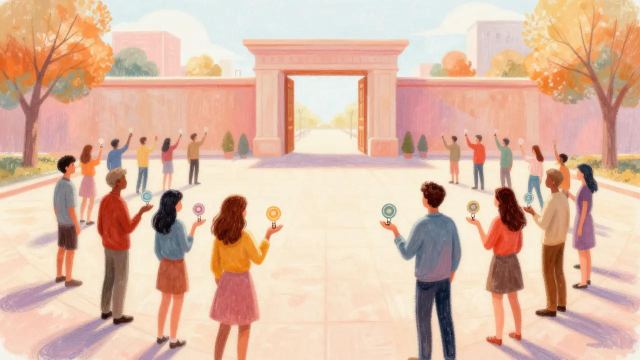 Pastel illustration of people holding floating tokens in an open plaza