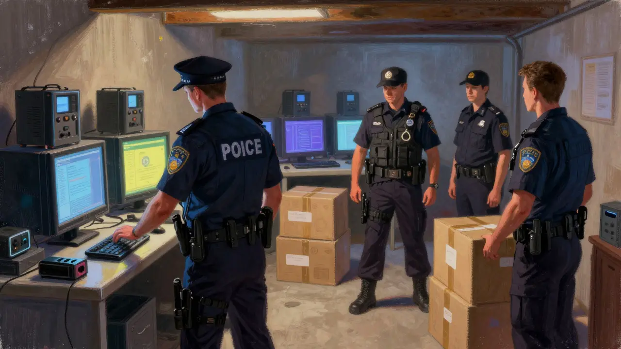 Pastel illustration of police confiscating crypto mining hardware in a basement