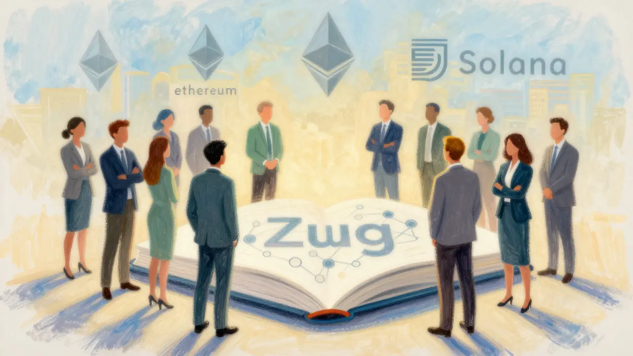 Pastel illustration of professionals discussing blockchain regulations