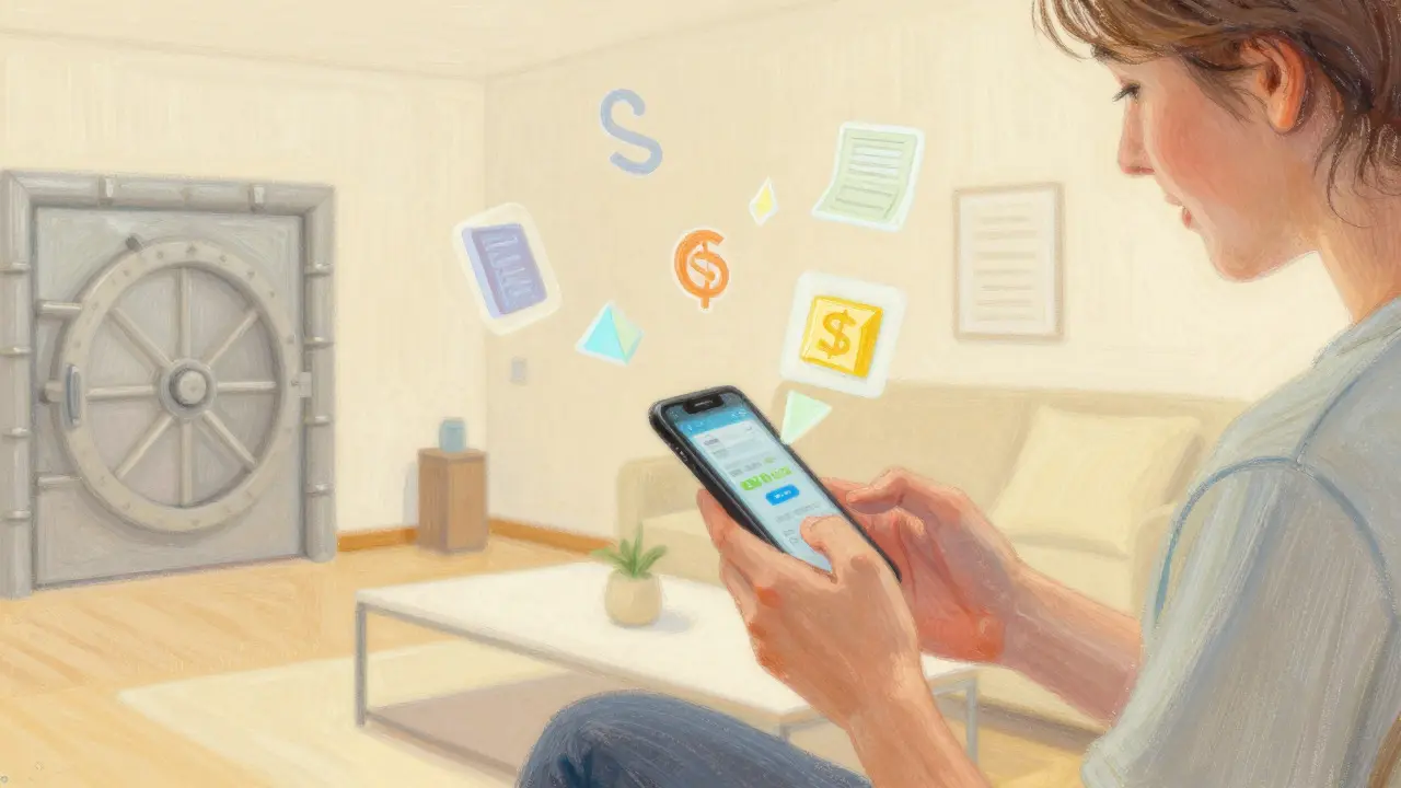 Person using smartphone with floating digital asset shapes