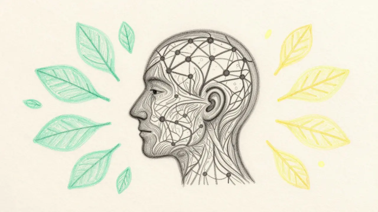 Soft pastel illustration of a face profile formed by neural network patterns and organic leaves