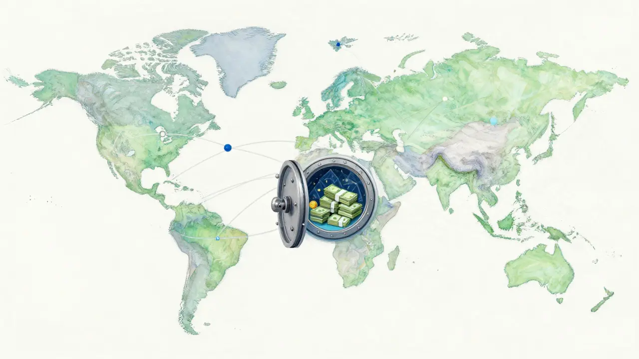 Soft pastel illustration of a global map with connected financial nodes and an open vault